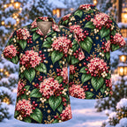 Digital mockup: front and back of one AlohaVero Christmas Rose Cashmere Bouquet Navy Aloha No Pocket Hawaiian shirt