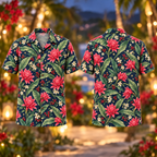 Digital mockup: front and back of one AlohaVero Christmas Rose Ginger Banana Leaf Indigo Aloha No Pocket Hawaiian shirt