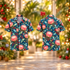 Digital mockup: front and back of one AlohaVero Christmas Rose King Protea Peacock Aloha No Pocket Hawaiian shirt