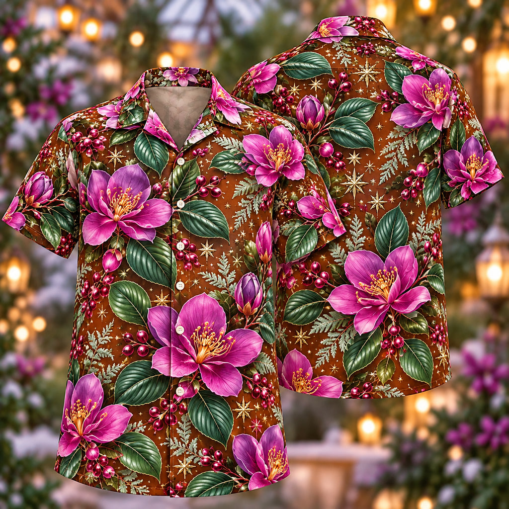 Digital mockup: front and back of one AlohaVero Christmas Rose Melastoma Copper Aloha No Pocket Hawaiian shirt