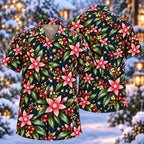 Digital mockup: front and back of one AlohaVero Christmas Rose Pointed Star Botanical Navy Aloha No Pocket Hawaiian shirt