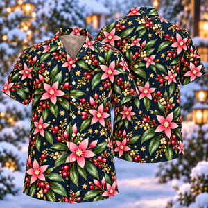 Christmas Rose Pointed Star Botanical Navy Aloha Hawaiian Shirt