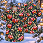 Digital mockup: front and back of one AlohaVero Christmas Rose Spindle Fruit Navy Aloha No Pocket Hawaiian shirt