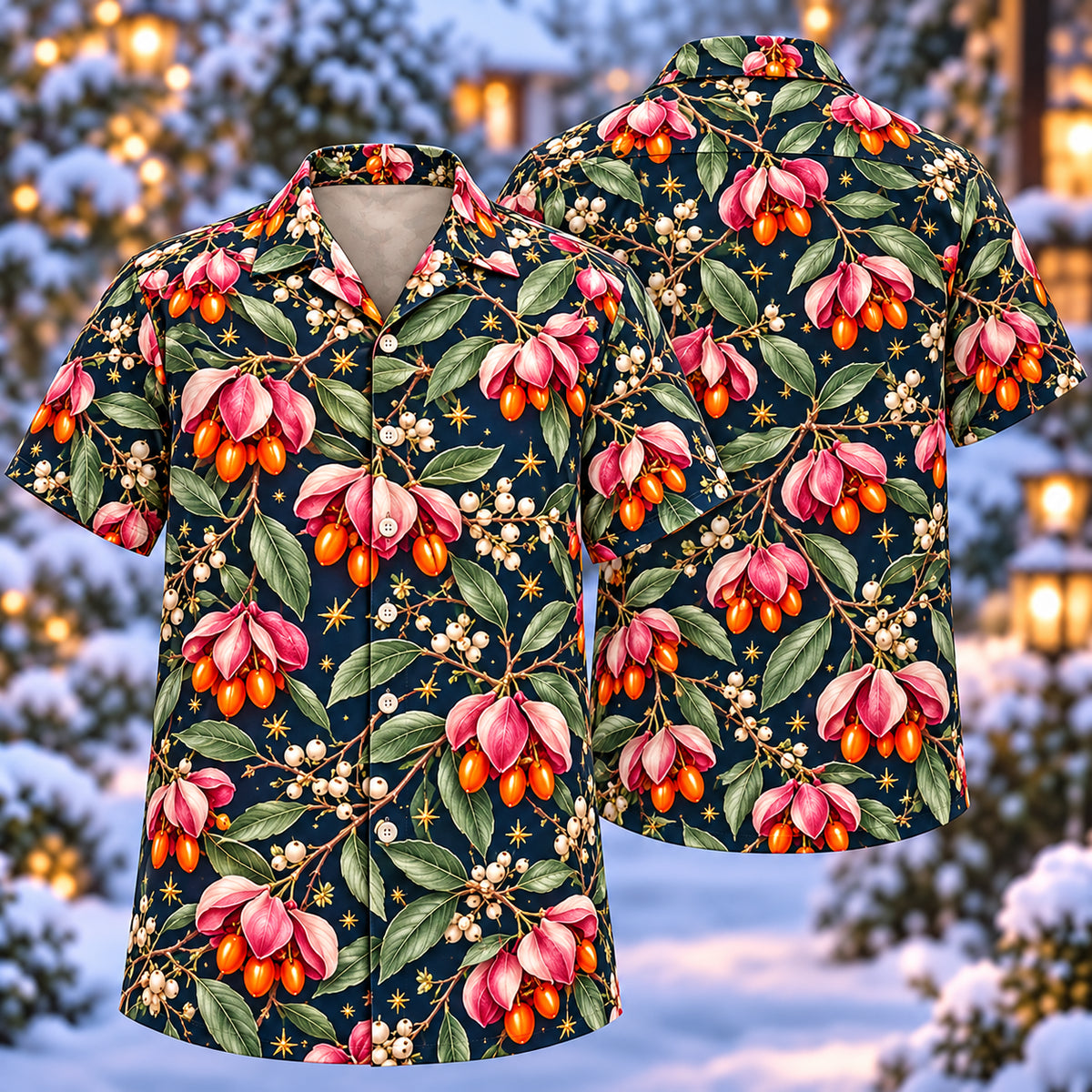 Digital mockup: front and back of one AlohaVero Christmas Rose Spindle Fruit Navy Aloha No Pocket Hawaiian shirt
