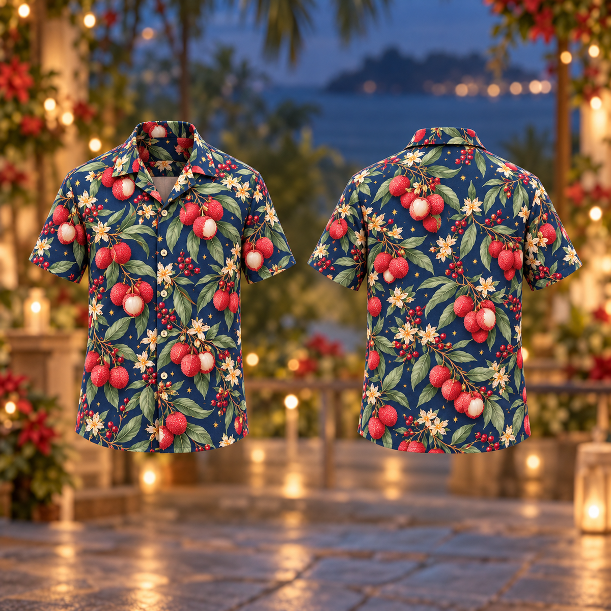 Digital mockup: front and back of one AlohaVero Christmas Rosy Lychee Indigo Aloha No Pocket Hawaiian shirt