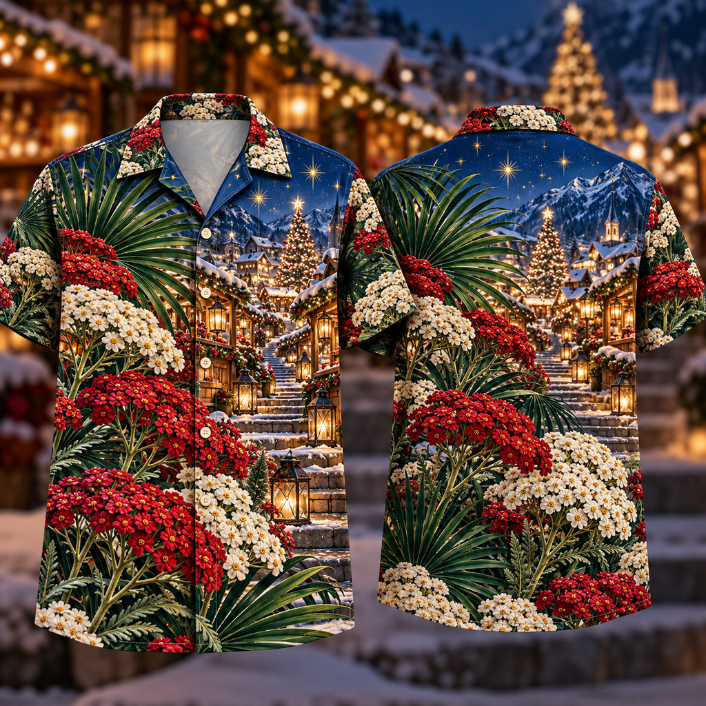 Digital mockup: front and back of one AlohaVero Christmas Ruby Achillea Ivory Star Emerald Palm Sapphire Winter Market No Pocket Hawaiian shirt