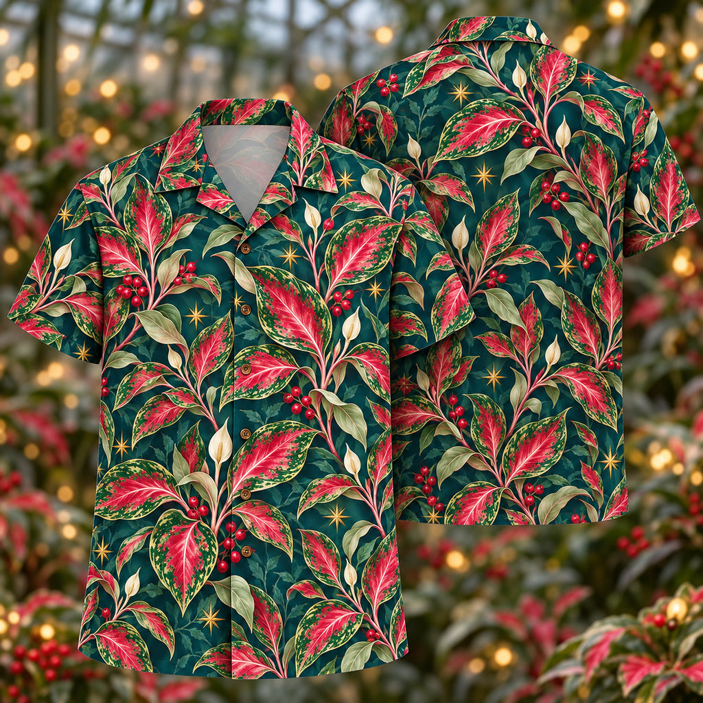 Digital mockup: front and back of one AlohaVero Christmas Ruby Aglaonema Teal Aloha No Pocket Hawaiian shirt