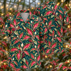 Digital mockup: front and back of one AlohaVero Christmas Ruby Aglaonema Teal Aloha No Pocket Hawaiian shirt