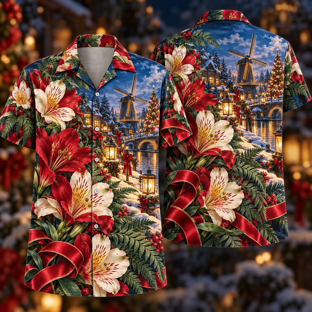 Digital mockup: front and back of one AlohaVero Christmas Ruby Alstroemeria Ivory Ribbon Emerald Foliage Sapphire Snowy Windmill Garden No Pocket Hawaiian shirt