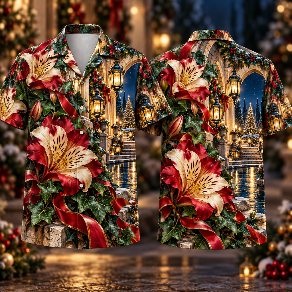 Digital mockup: front and back of one AlohaVero Christmas Ruby Alstroemeria Ivory Ribbon Emerald Ivy Sapphire Lantern Arched Terrace No Pocket Hawaiian shirt