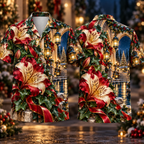 Digital mockup: front and back of one AlohaVero Christmas Ruby Alstroemeria Ivory Ribbon Emerald Ivy Sapphire Lantern Arched Terrace No Pocket Hawaiian shirt