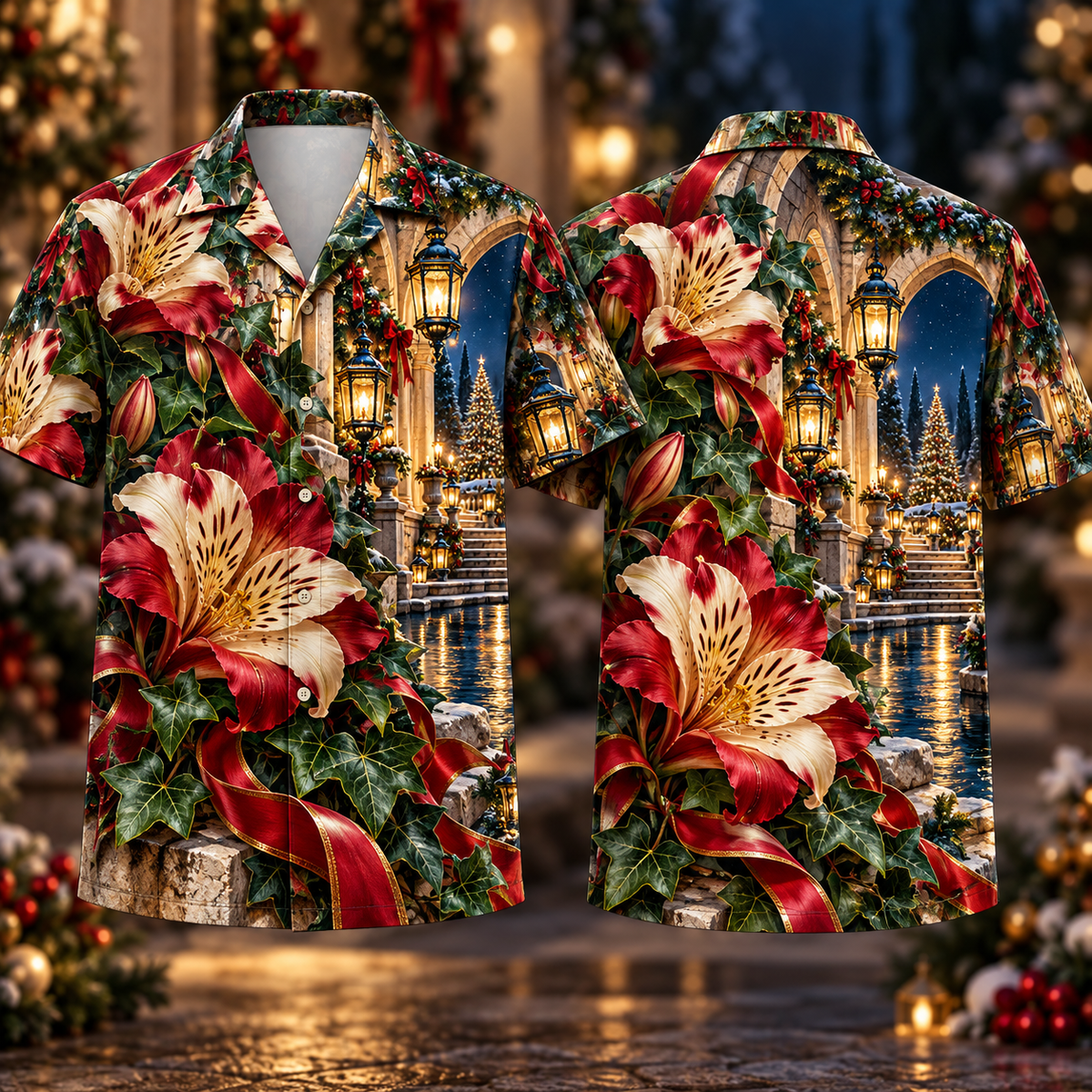 Digital mockup: front and back of one AlohaVero Christmas Ruby Alstroemeria Ivory Ribbon Emerald Ivy Sapphire Lantern Arched Terrace No Pocket Hawaiian shirt