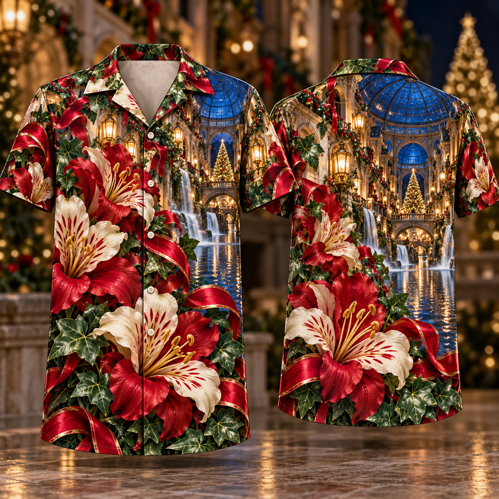 Digital mockup: front and back of one AlohaVero Christmas Ruby Alstroemeria Ivory Ribbon Emerald Ivy Sapphire Lantern Domed Cascade Canal No Pocket Hawaiian shirt