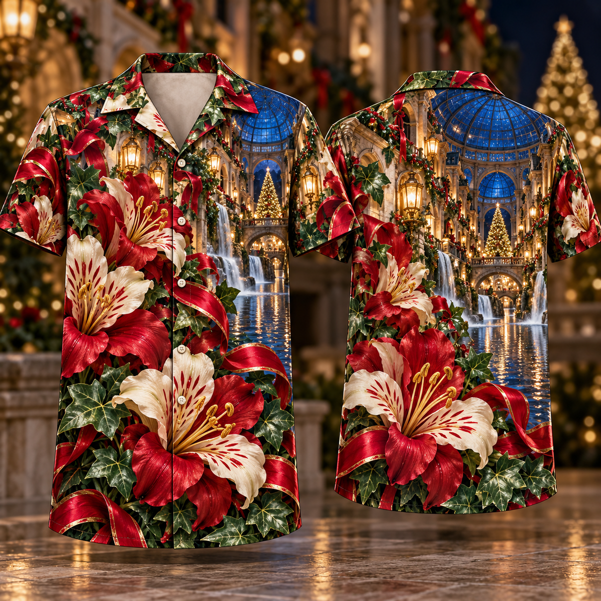Digital mockup: front and back of one AlohaVero Christmas Ruby Alstroemeria Ivory Ribbon Emerald Ivy Sapphire Lantern Domed Cascade Canal No Pocket Hawaiian shirt