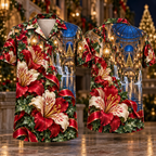 Digital mockup: front and back of one AlohaVero Christmas Ruby Alstroemeria Ivory Ribbon Emerald Ivy Sapphire Lantern Domed Cascade Canal No Pocket Hawaiian shirt