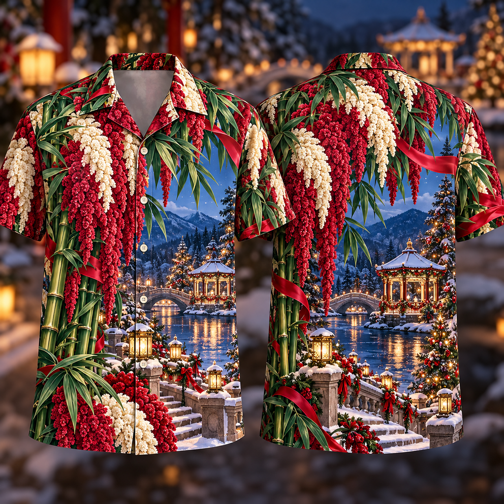 Digital mockup: front and back of one AlohaVero Christmas Ruby Amaranth Ivory Ribbon Emerald Bamboo Sapphire Snowy River Gazebo No Pocket Hawaiian shirt