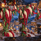 Digital mockup: front and back of one AlohaVero Christmas Ruby Amaranth Ivory Ribbon Emerald Bamboo Sapphire Snowy River Gazebo No Pocket Hawaiian shirt
