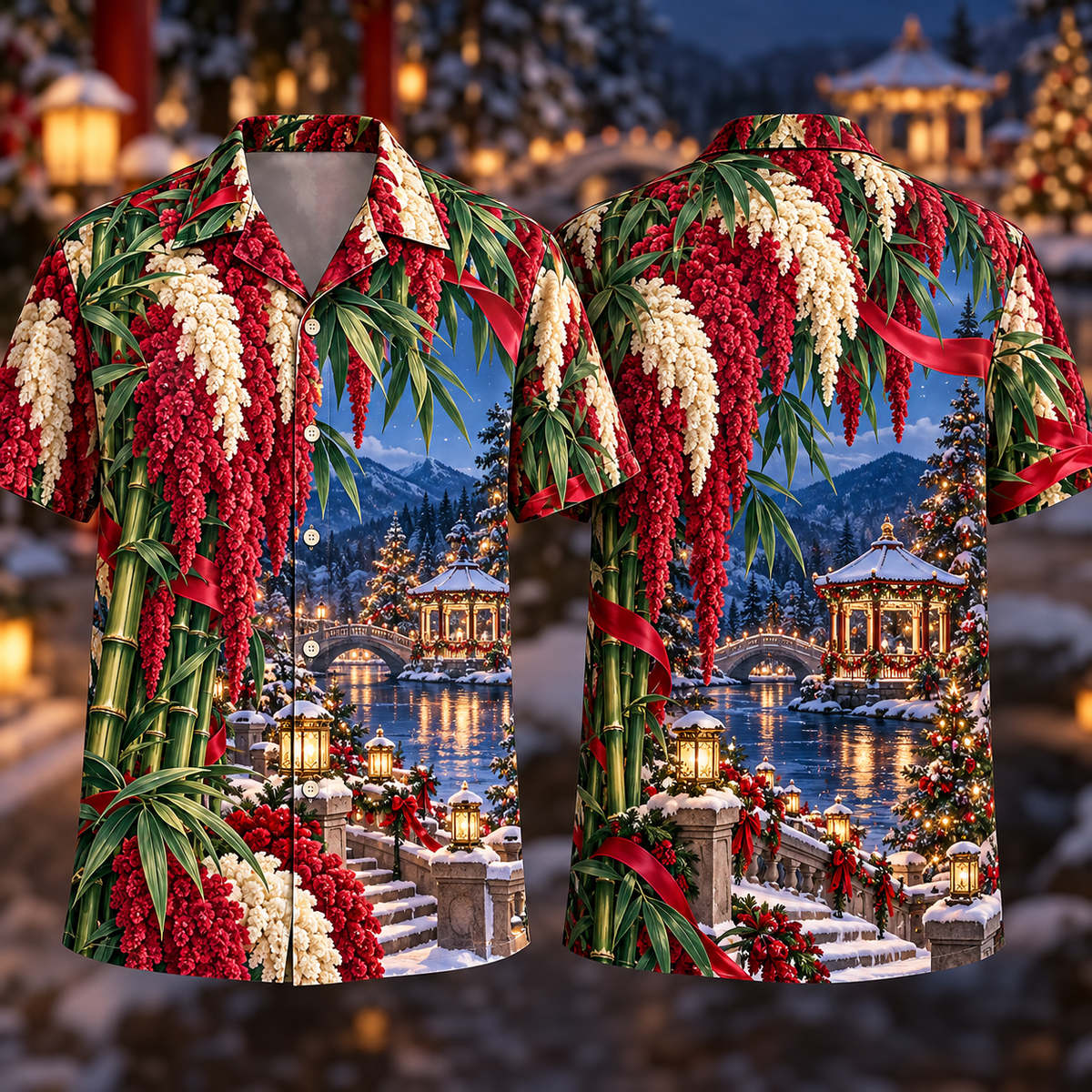 Digital mockup: front and back of one AlohaVero Christmas Ruby Amaranth Ivory Ribbon Emerald Bamboo Sapphire Snowy River Gazebo No Pocket Hawaiian shirt