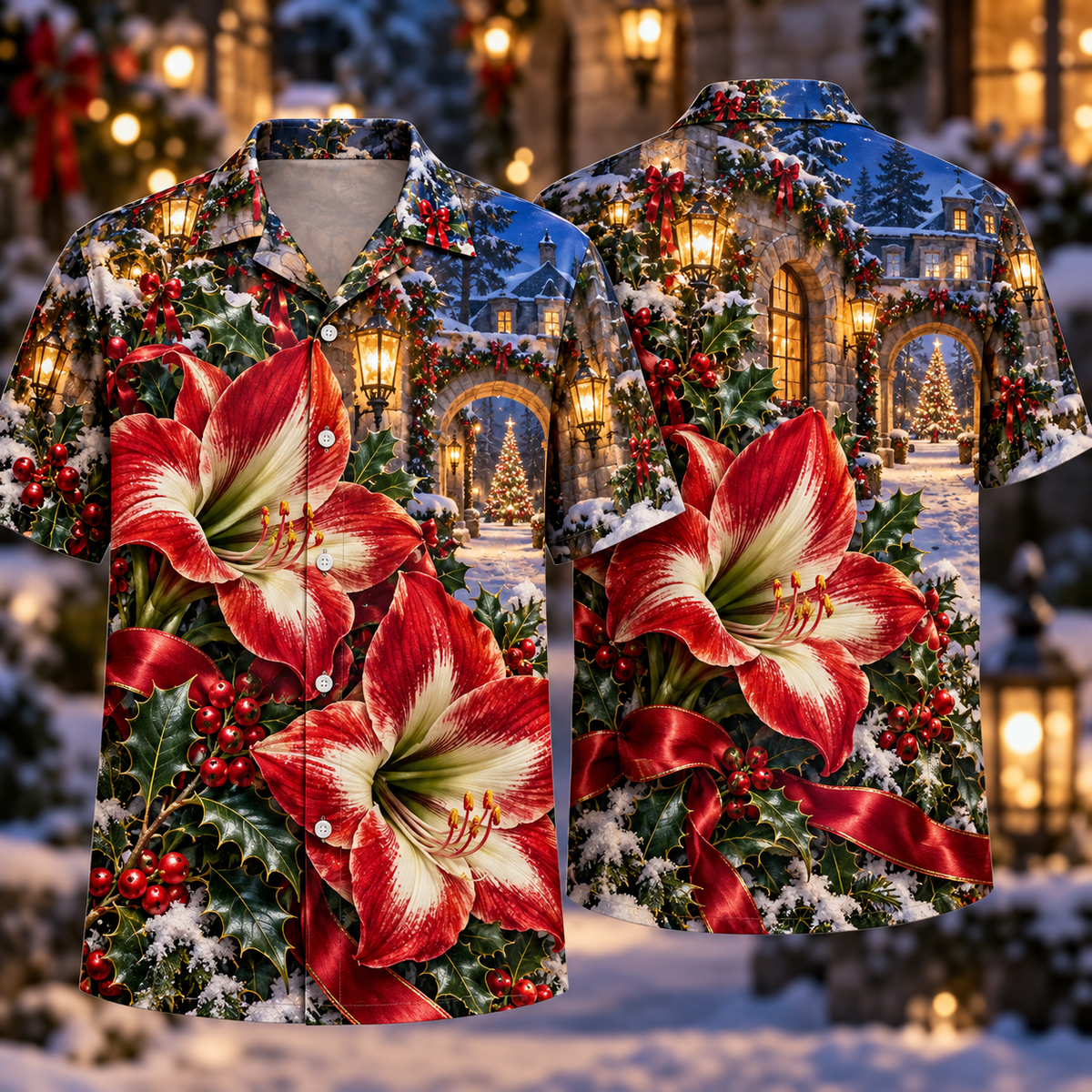 Digital mockup: front and back of one AlohaVero Christmas Ruby Amaryllis Ivory Ribbon Emerald Holly Sapphire Lantern Winter Manor Courtyard No Pocket Hawaiian shirt