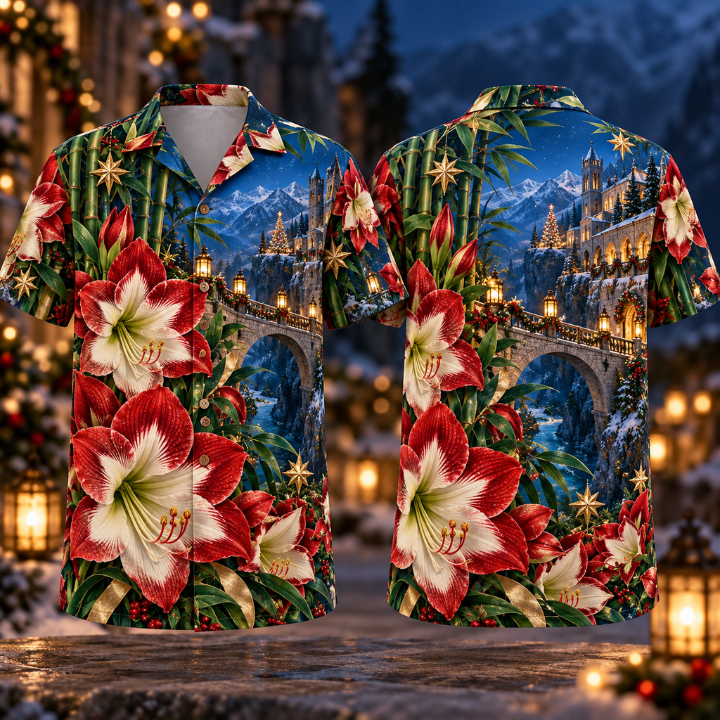 Digital mockup: front and back of one AlohaVero Christmas Ruby Amaryllis Ivory Star Emerald Bamboo Sapphire Snowy Lantern Cliff Monastery No Pocket Hawaiian shirt