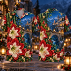 Digital mockup: front and back of one AlohaVero Christmas Ruby Amaryllis Ivory Star Emerald Bamboo Sapphire Snowy Lantern Cliff Monastery No Pocket Hawaiian shirt