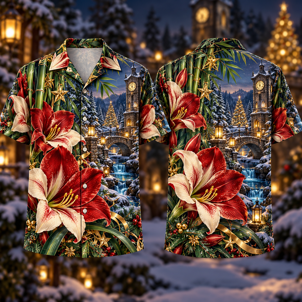 Digital mockup: front and back of one AlohaVero Christmas Ruby Amaryllis Ivory Star Emerald Bamboo Sapphire Snowy Lantern Forest Clocktower No Pocket Hawaiian shirt