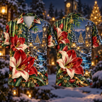Digital mockup: front and back of one AlohaVero Christmas Ruby Amaryllis Ivory Star Emerald Bamboo Sapphire Snowy Lantern Forest Clocktower No Pocket Hawaiian shirt
