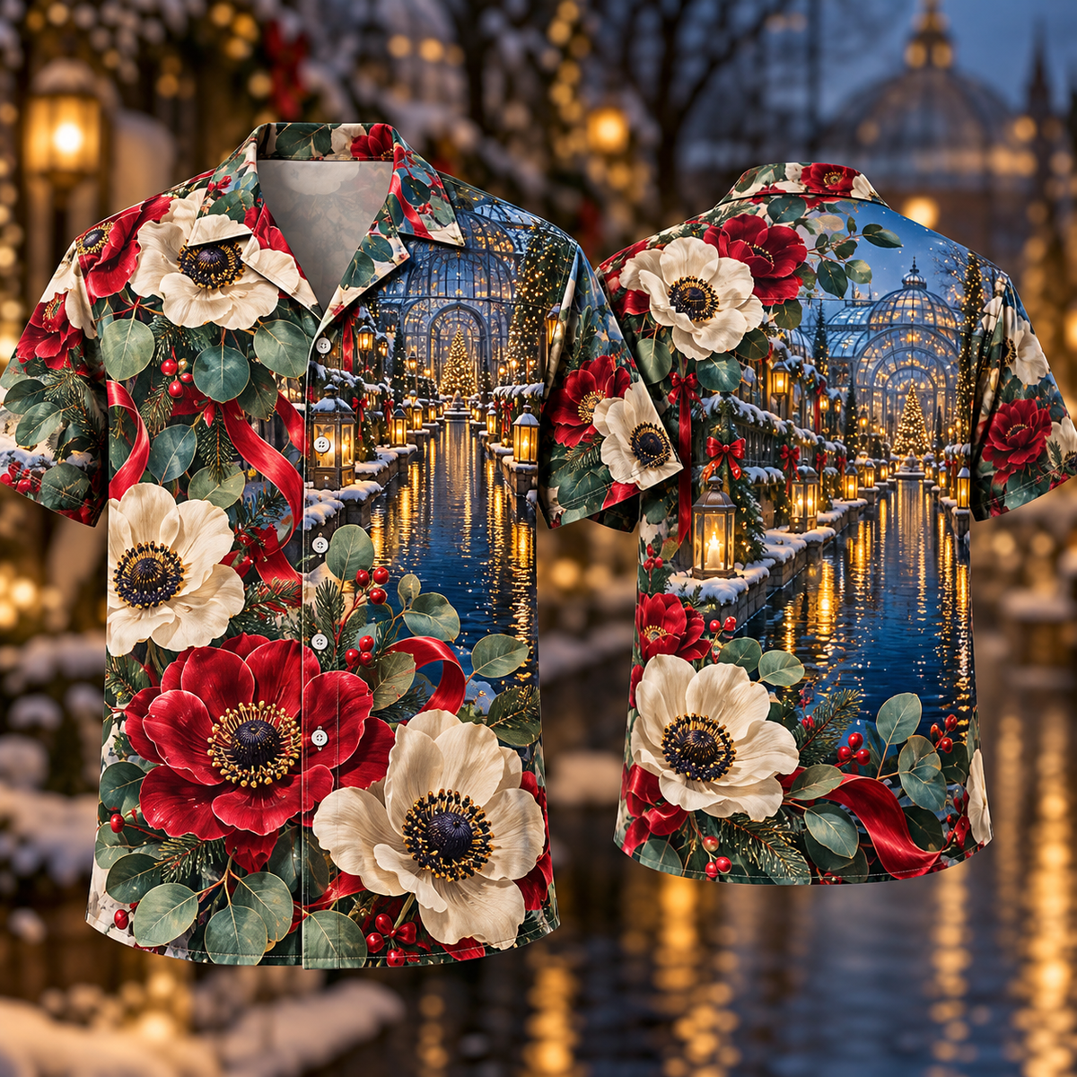 Digital mockup: front and back of one AlohaVero Christmas Ruby Anemone Ivory Ribbon Emerald Eucalyptus Sapphire Canal Conservatory No Pocket Hawaiian shirt