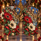 Digital mockup: front and back of one AlohaVero Christmas Ruby Anemone Ivory Ribbon Emerald Ivy Sapphire Lantern Cascade Hall No Pocket Hawaiian shirt