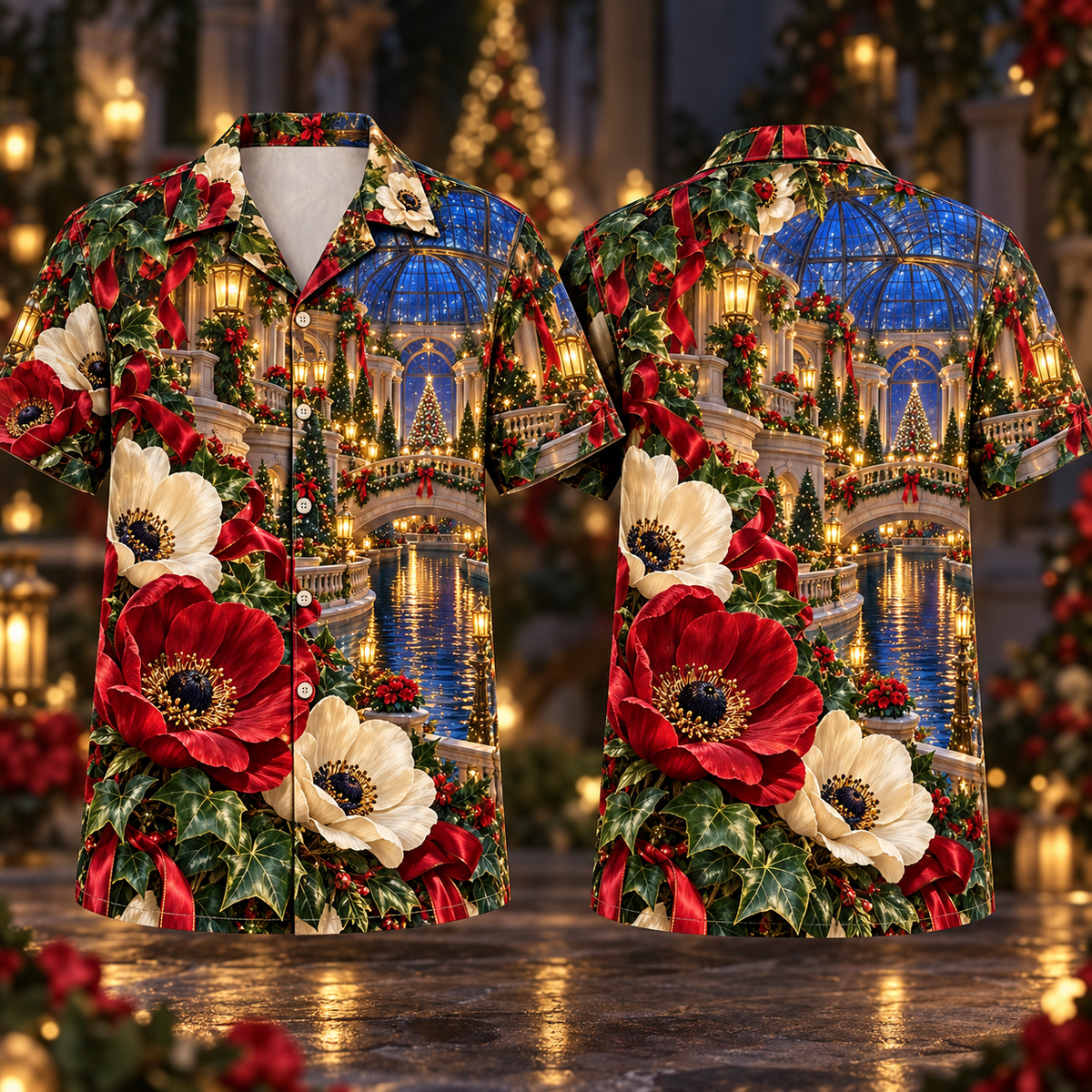 Digital mockup: front and back of one AlohaVero Christmas Ruby Anemone Ivory Ribbon Emerald Ivy Sapphire Lantern Domed Canal Garden No Pocket Hawaiian shirt