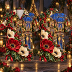 Digital mockup: front and back of one AlohaVero Christmas Ruby Anemone Ivory Ribbon Emerald Ivy Sapphire Lantern Domed Canal Garden No Pocket Hawaiian shirt