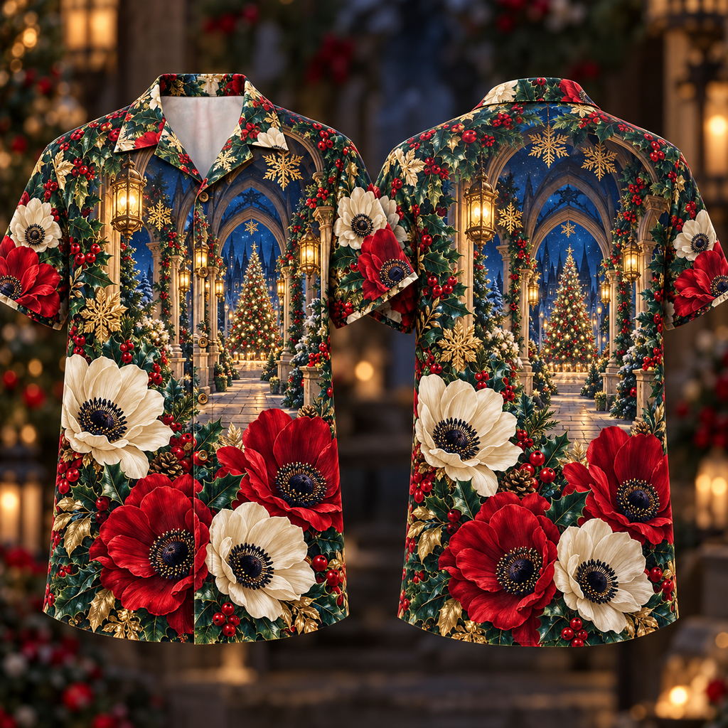 Digital mockup: front and back of one AlohaVero Christmas Ruby Anemone Ivory Snowflake Sapphire Lantern Cloister No Pocket Hawaiian shirt