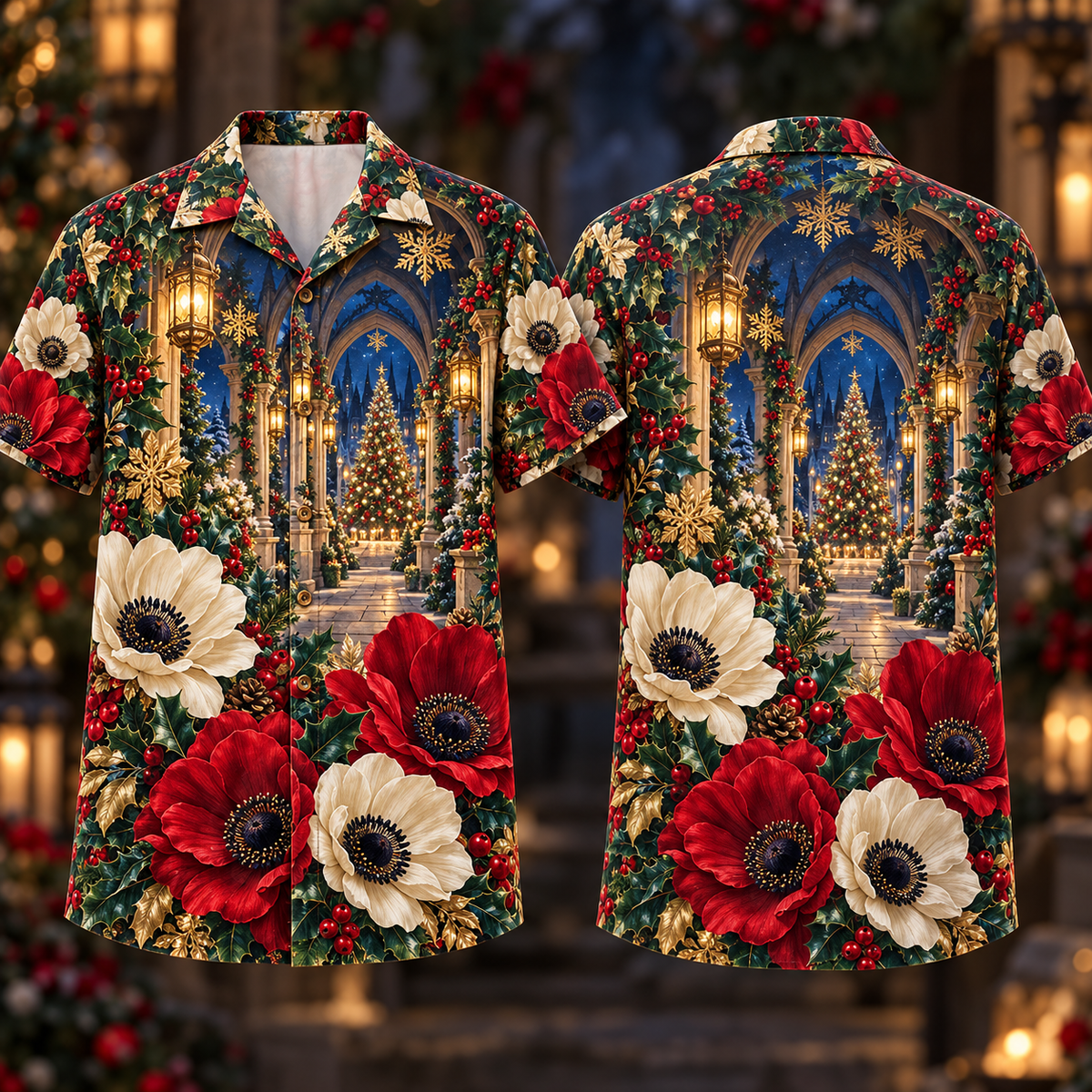 Digital mockup: front and back of one AlohaVero Christmas Ruby Anemone Ivory Snowflake Sapphire Lantern Cloister No Pocket Hawaiian shirt