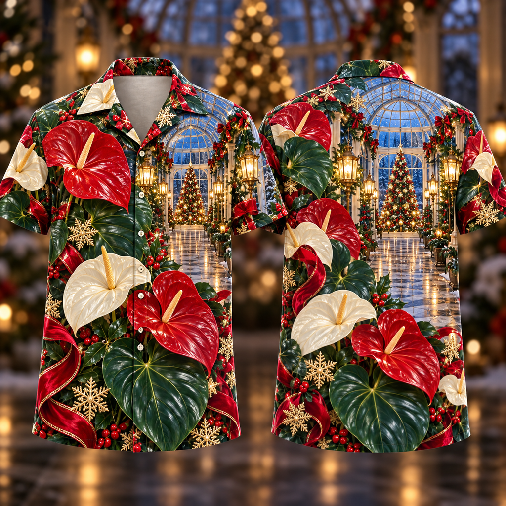Digital mockup: front and back of one AlohaVero Christmas Ruby Anthurium Ivory Ribbon Sapphire Lantern Winter Conservatory No Pocket Hawaiian shirt