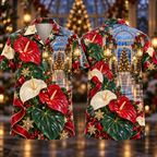 Digital mockup: front and back of one AlohaVero Christmas Ruby Anthurium Ivory Ribbon Sapphire Lantern Winter Conservatory No Pocket Hawaiian shirt