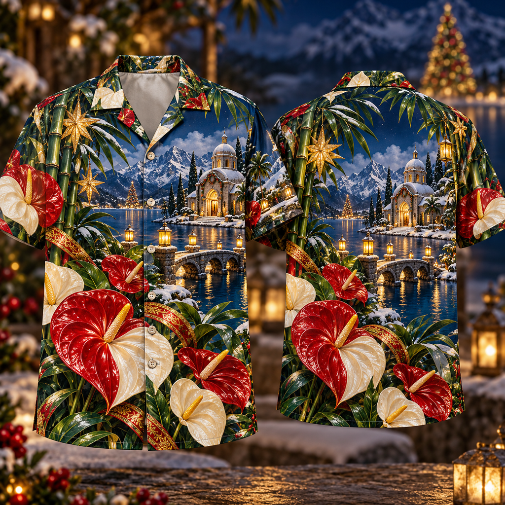 Digital mockup: front and back of one AlohaVero Christmas Ruby Anthurium Ivory Star Emerald Bamboo Sapphire Snowy Lantern Island Sanctuary No Pocket Hawaiian shirt