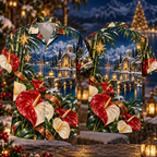 Digital mockup: front and back of one AlohaVero Christmas Ruby Anthurium Ivory Star Emerald Bamboo Sapphire Snowy Lantern Island Sanctuary No Pocket Hawaiian shirt