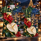 Digital mockup: front and back of one AlohaVero Christmas Ruby Anthurium Ivory Star Emerald Bamboo Sapphire Snowy Lantern Lotus Pond No Pocket Hawaiian shirt