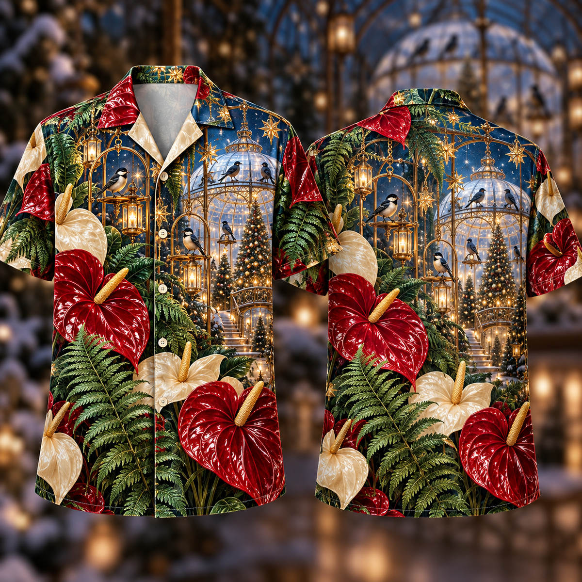 Digital mockup: front and back of one AlohaVero Christmas Ruby Anthurium Ivory Star Emerald Fern Sapphire Crystal Aviary No Pocket Hawaiian shirt