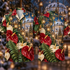 Digital mockup: front and back of one AlohaVero Christmas Ruby Anthurium Ivory Star Emerald Fern Sapphire Crystal Aviary No Pocket Hawaiian shirt
