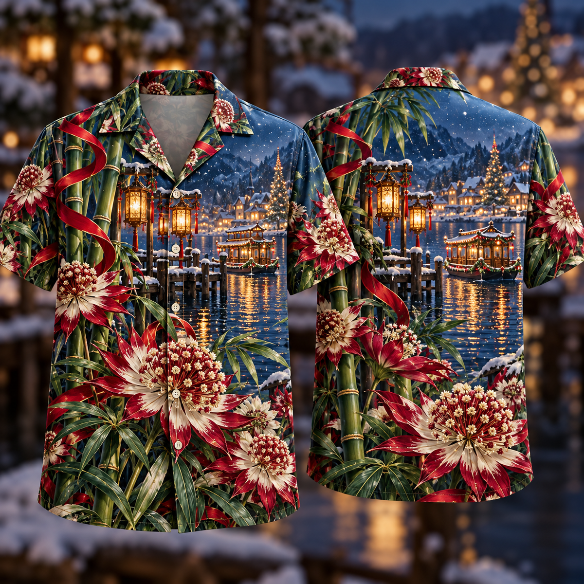 Digital mockup: front and back of one AlohaVero Christmas Ruby Astrantia Ivory Ribbon Emerald Bamboo Sapphire Lantern Ferry No Pocket Hawaiian shirt