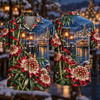 Digital mockup: front and back of one AlohaVero Christmas Ruby Astrantia Ivory Ribbon Emerald Bamboo Sapphire Lantern Ferry No Pocket Hawaiian shirt