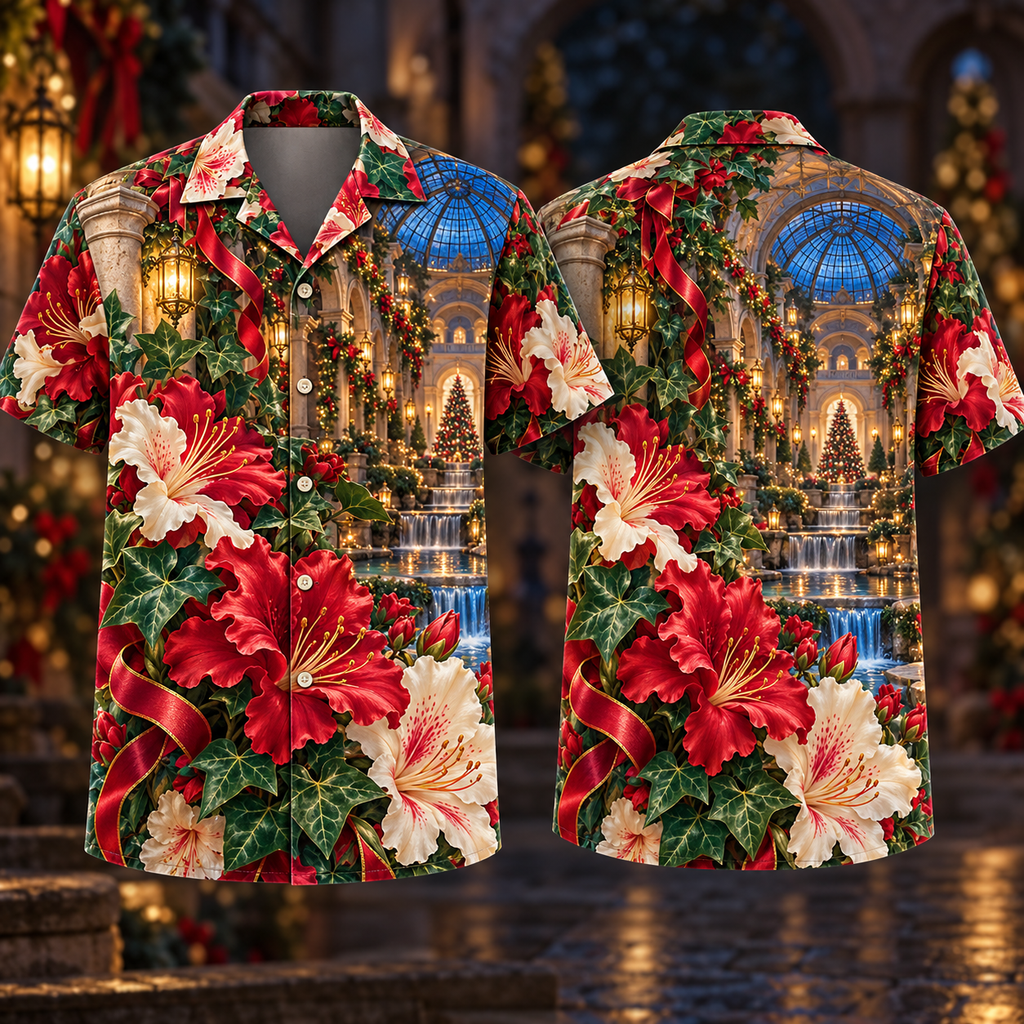 Digital mockup: front and back of one AlohaVero Christmas Ruby Azalea Ivory Ribbon Emerald Ivy Sapphire Lantern Cascade Cloister No Pocket Hawaiian shirt