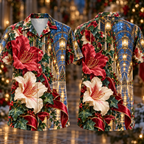 Digital mockup: front and back of one AlohaVero Christmas Ruby Azalea Ivory Ribbon Emerald Ivy Sapphire Lantern Reflection Hall No Pocket Hawaiian shirt