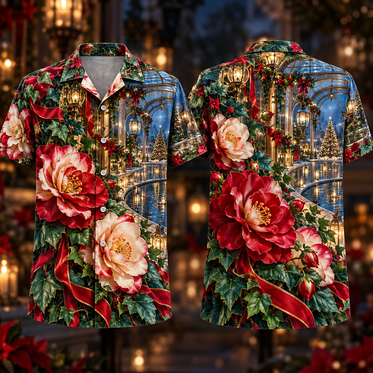 Digital mockup: front and back of one AlohaVero Christmas Ruby Begonia Ivory Ribbon Emerald Ivy Sapphire Lantern Glass Terrace No Pocket Hawaiian shirt