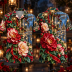 Digital mockup: front and back of one AlohaVero Christmas Ruby Begonia Ivory Ribbon Emerald Ivy Sapphire Lantern Glass Terrace No Pocket Hawaiian shirt