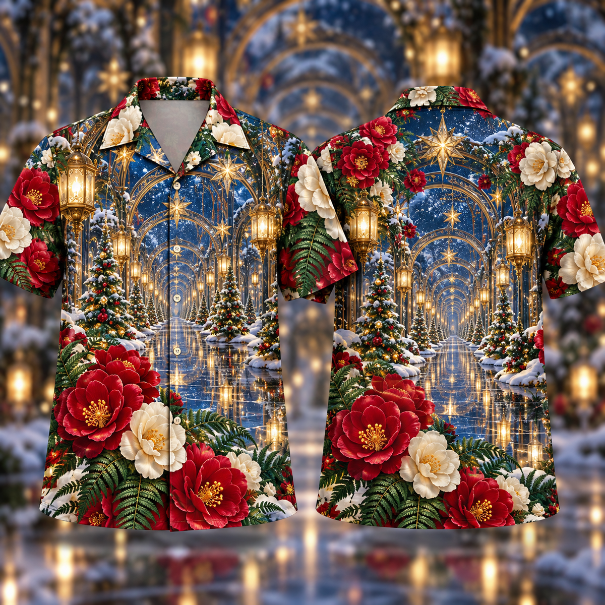 Digital mockup: front and back of one AlohaVero Christmas Ruby Begonia Ivory Star Emerald Fern Sapphire Snowy Mirror Maze No Pocket Hawaiian shirt