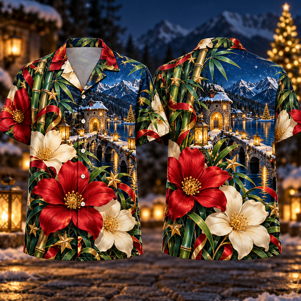 Digital mockup: front and back of one AlohaVero Christmas Ruby Blossom Ivory Star Emerald Bamboo Sapphire Snowy Lantern Island Gatehouse No Pocket Hawaiian shirt