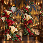 Digital mockup: front and back of one AlohaVero Christmas Ruby Calla Ivory Ribbon Emerald Ivy Sapphire Organ Hall No Pocket Hawaiian shirt