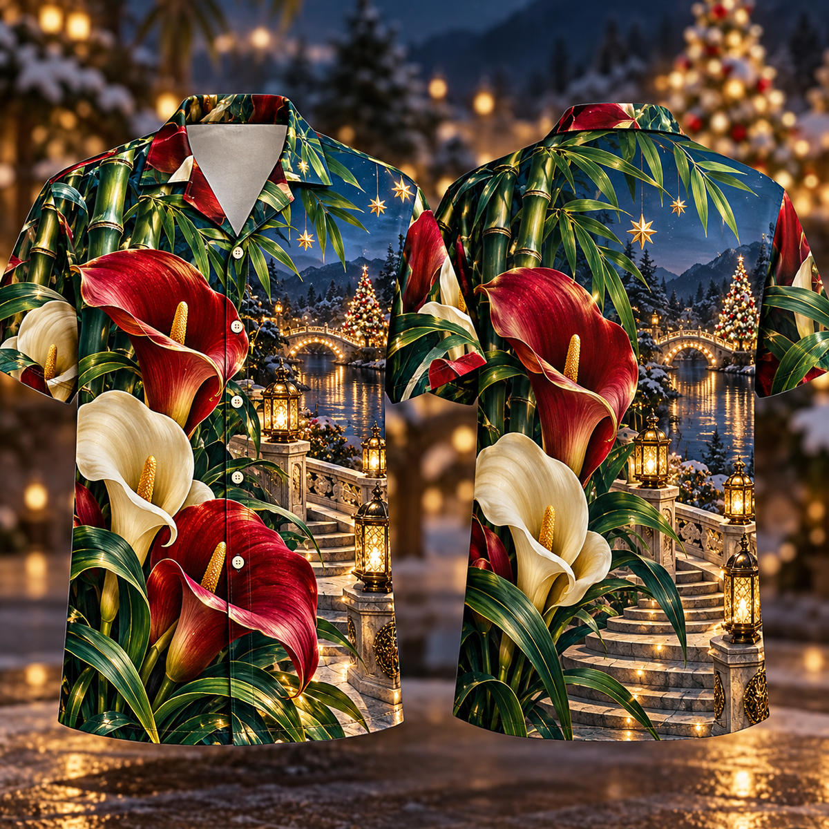 Digital mockup: front and back of one AlohaVero Christmas Ruby Calla Ivory Star Emerald Bamboo Sapphire Snowy Lantern River Terrace No Pocket Hawaiian shirt